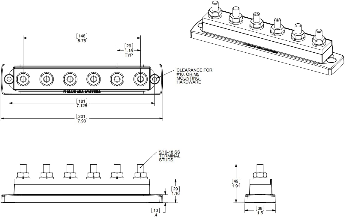 Blue Sea Systems 2126 250 Amp MaxiBus with 6 studs, 2126